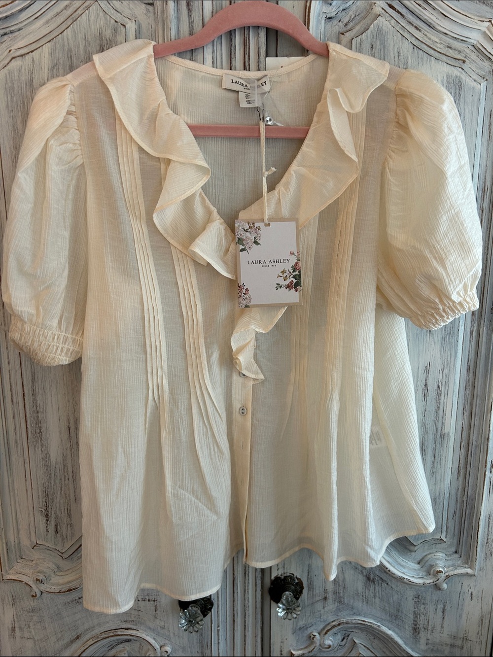 Laura Ashley Cream Ruffle V-Neck Puff Sleeve Blouse